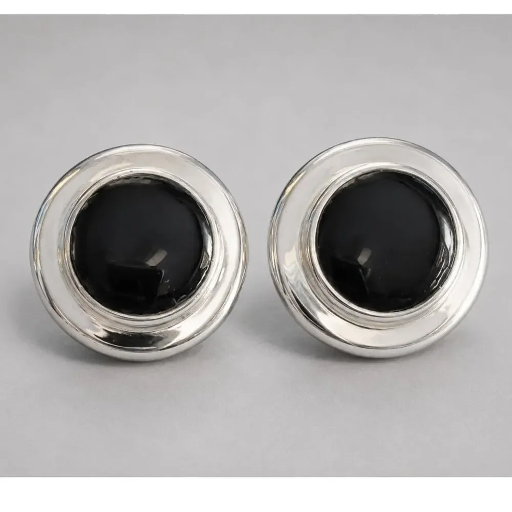 Vintage Silver‎ & Black Round Pierced Earrings, 1